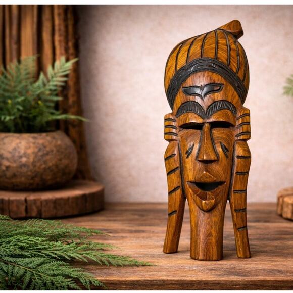 Hand-Carved African Wood Sculpture • Ghana Tribal Mask-Style Standing Figure